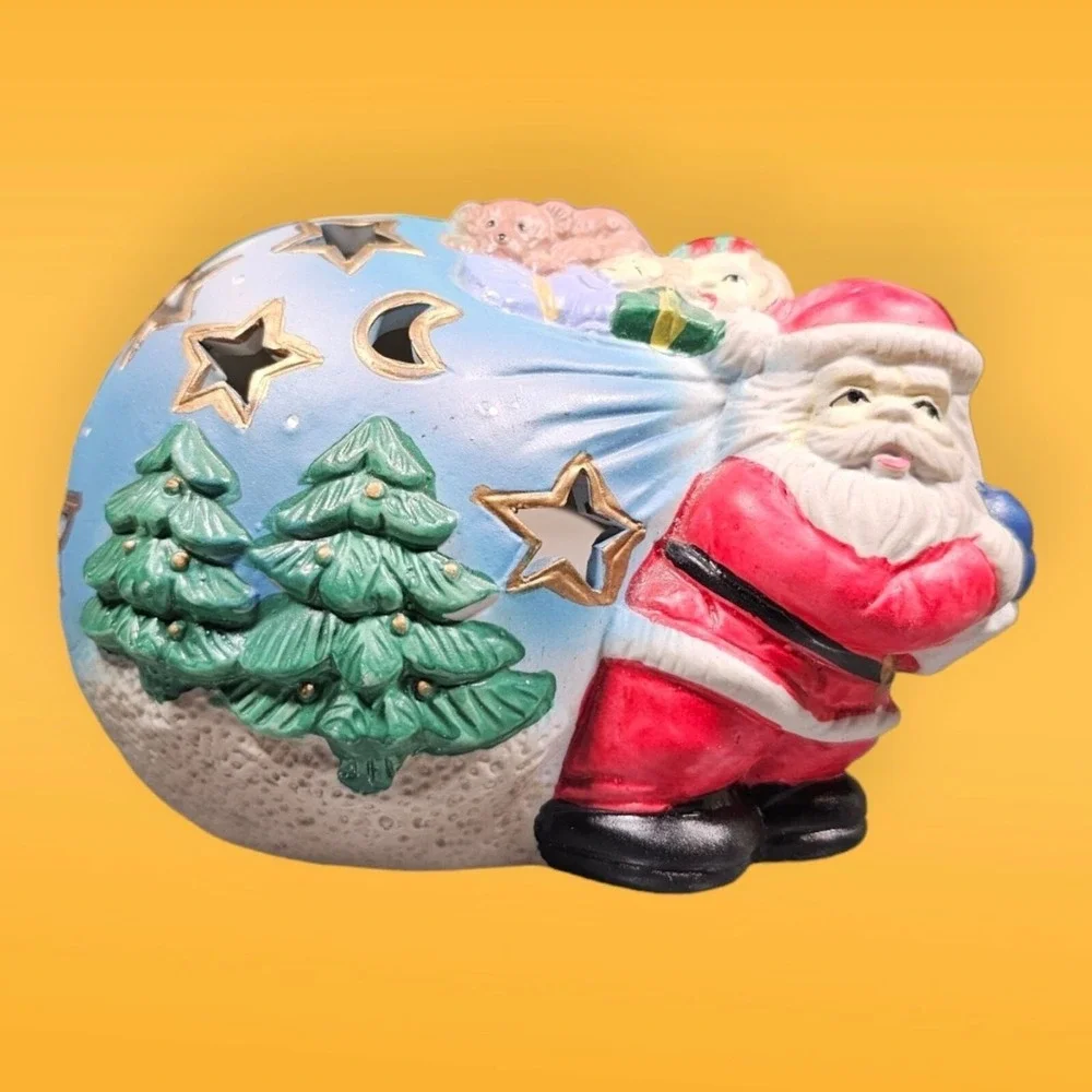 Vintage‎ Santa With Sack Bag Presents Ceramic Votive Holder Trees Stars Toys